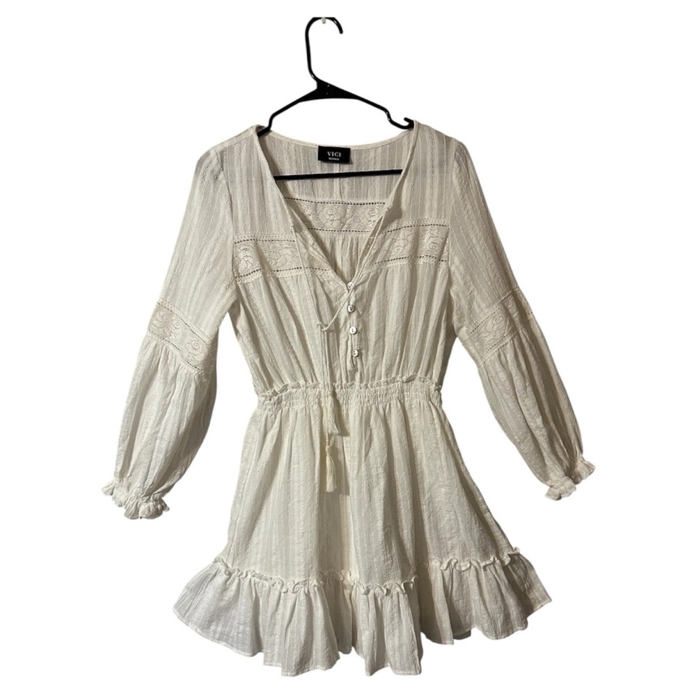 Boho Western VICI Ruffle Hem Long Sleeve Ivory dress w/ Button Front Tassel M